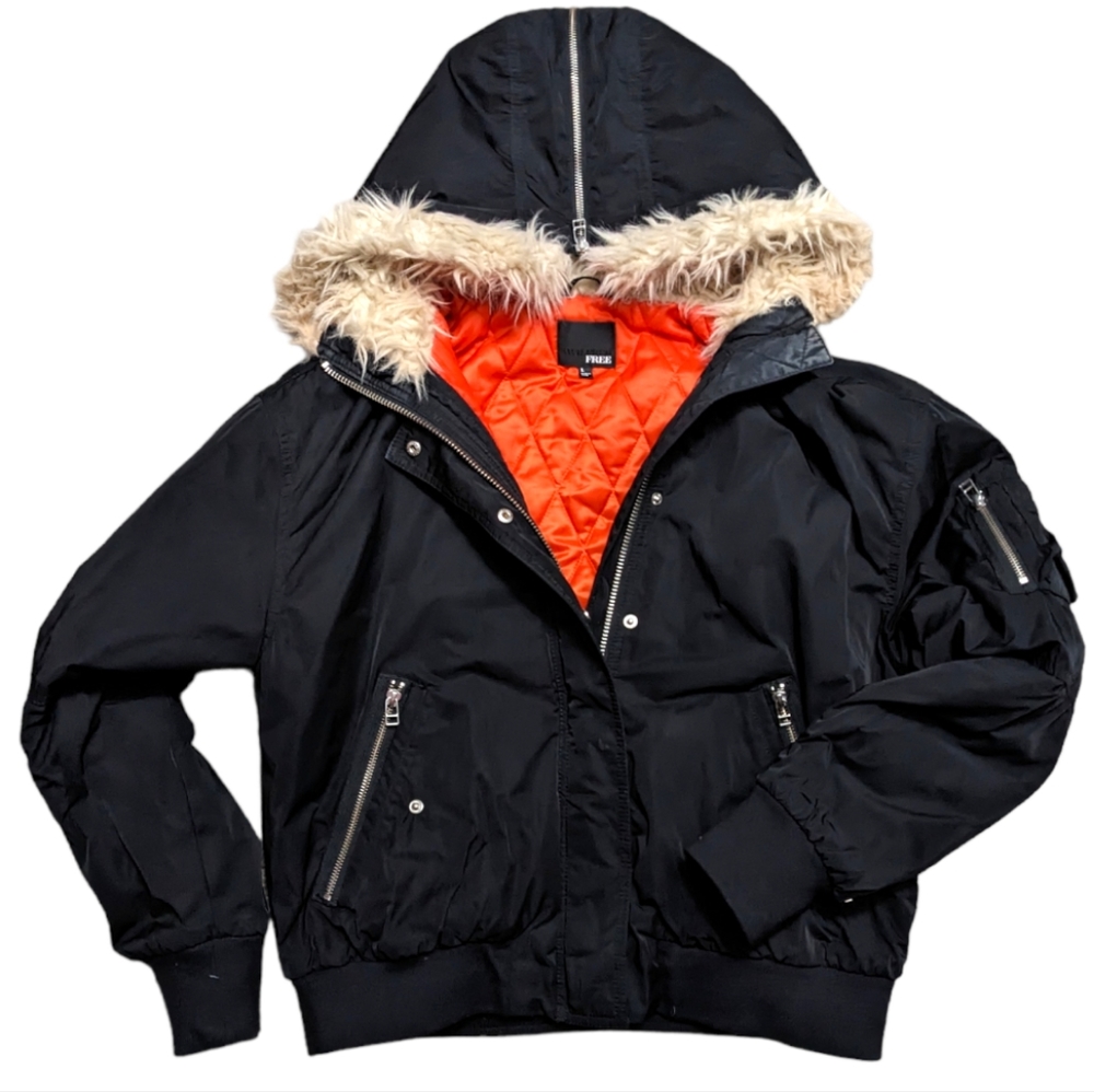Wilfred Free quilted bomber winter jacket with fur lined hood black